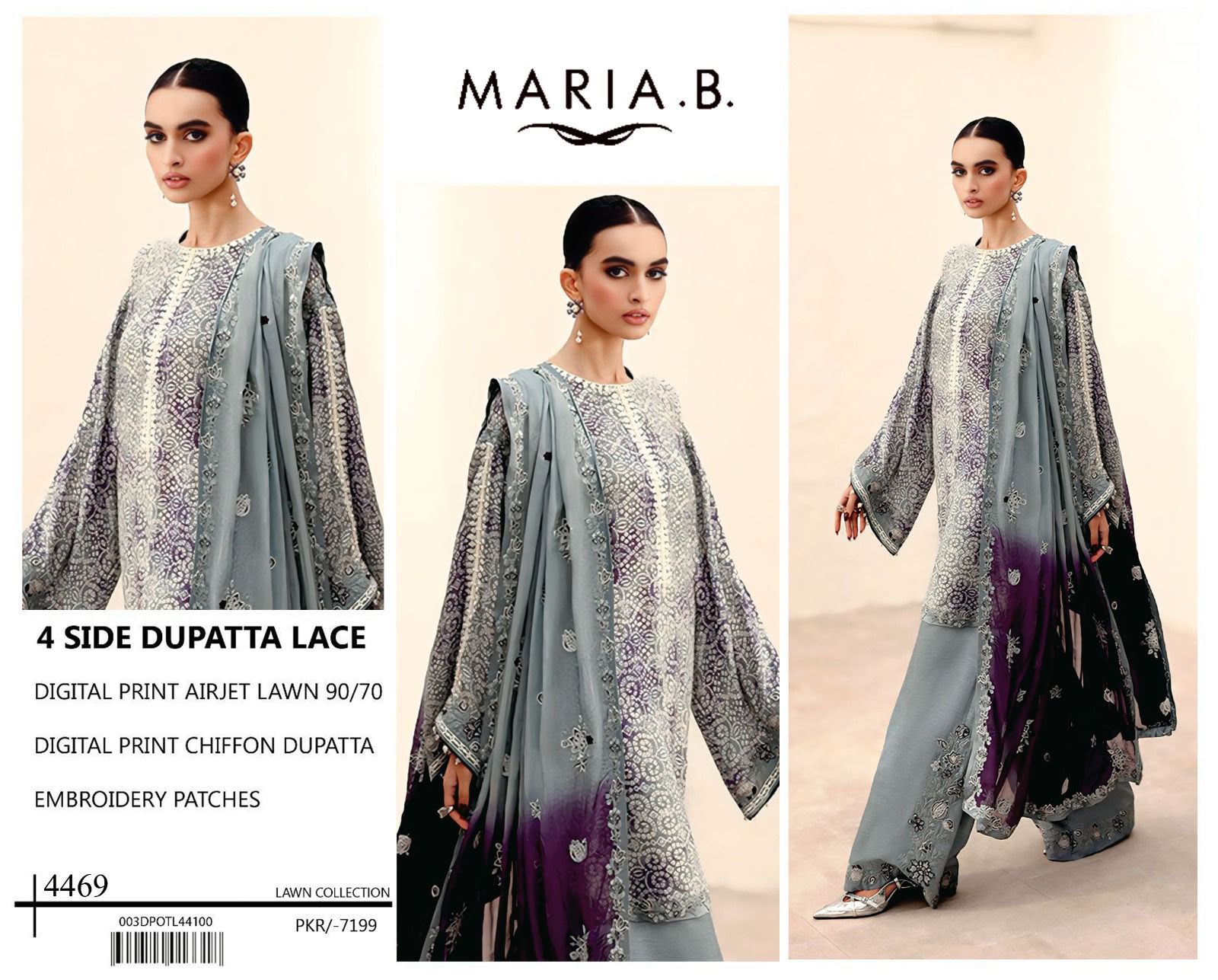 Digital Print Airjet Lawn Suit – 4 Side Lace Ready-to-Wear Chiffon Dupatta