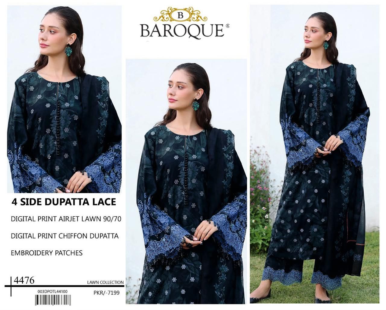 Digital Print Airjet Lawn Suit – 4 Side Lace Ready-to-Wear Chiffon Dupatta