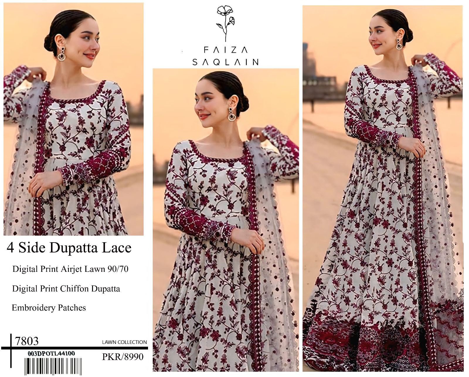 Digital Print Airjet Lawn Suit – 4 Side Lace Ready-to-Wear Chiffon Dupatta