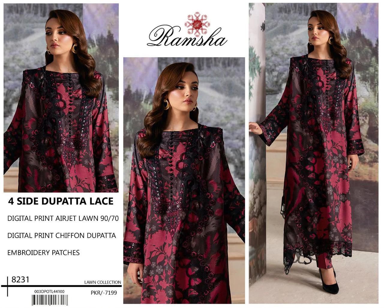 Digital Print Airjet Lawn Suit – 4 Side Lace Ready-to-Wear Chiffon Dupatta
