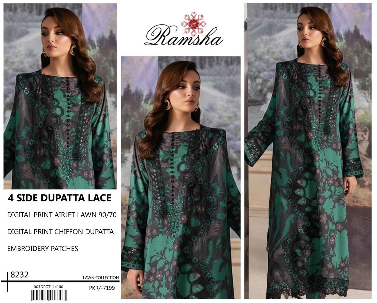 Digital Print Airjet Lawn Suit – 4 Side Lace Ready-to-Wear Chiffon Dupatta