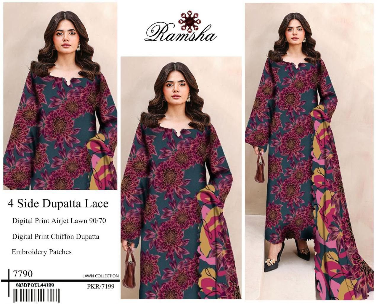 Digital Print Airjet Lawn Suit – 4 Side Lace Ready-to-Wear Chiffon Dupatta