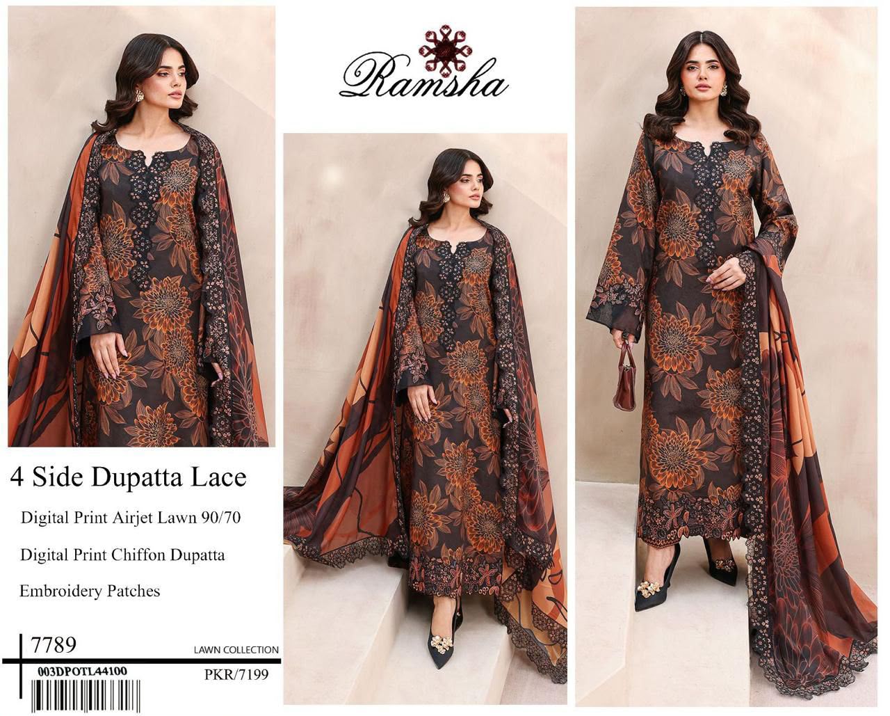 Digital Print Airjet Lawn Suit – 4 Side Lace Ready-to-Wear Chiffon Dupatta