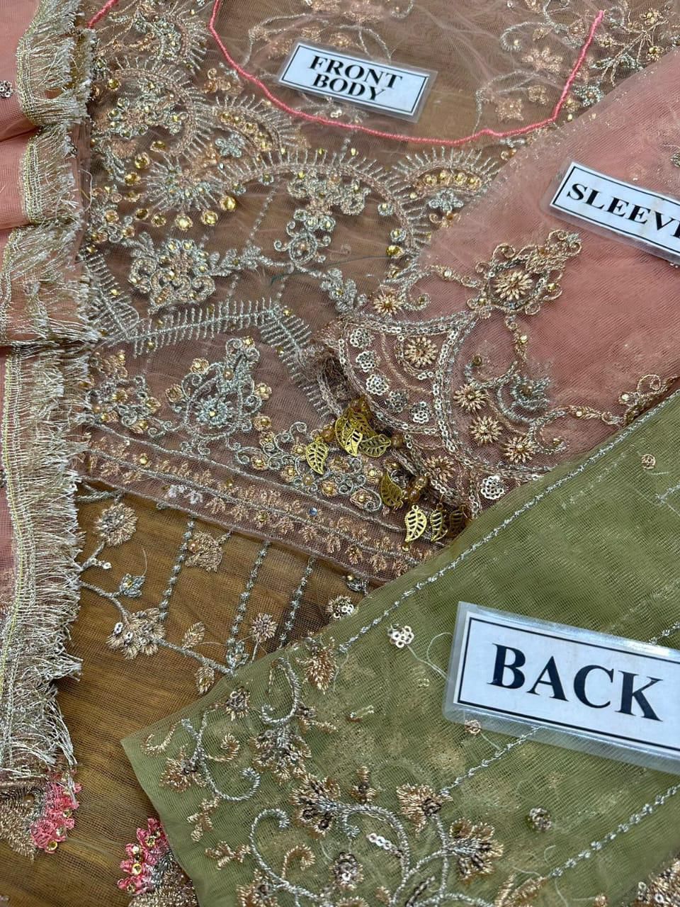 Title: Aisha Imran Unstitched Replica Net Embroidered Dress with Handwork & Sequins